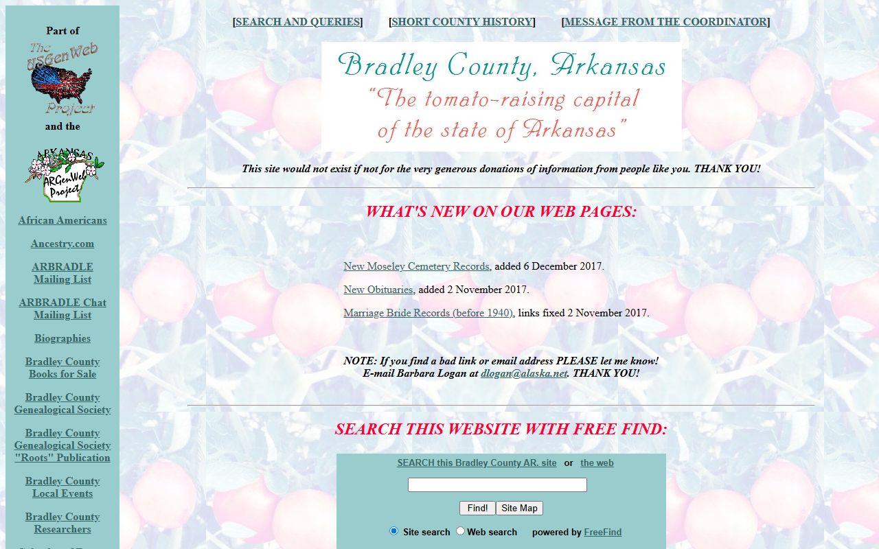 Bradley County obituary records ARGenWeb page