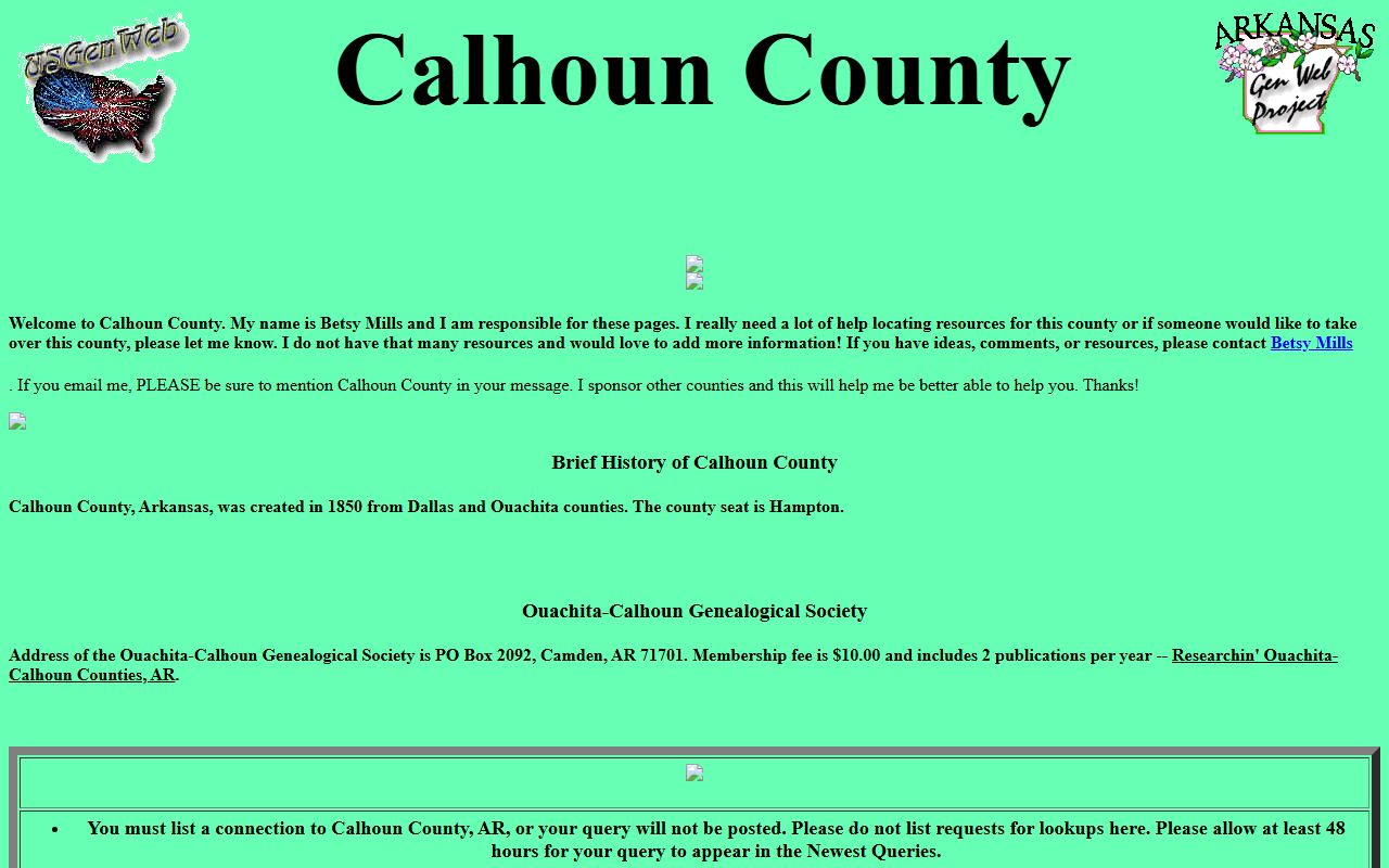Calhoun County obituary records ARGenWeb page