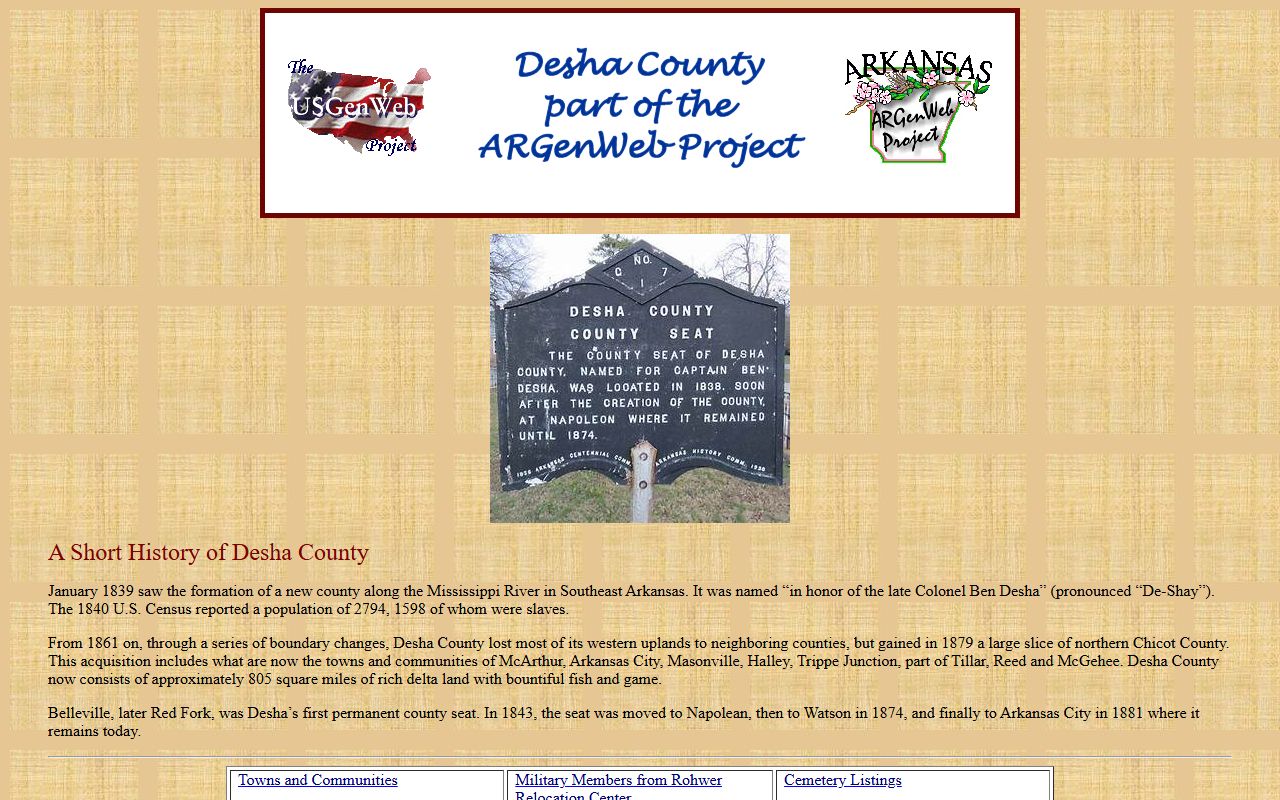 Desha County Arkansas obituary records ARGenWeb page
