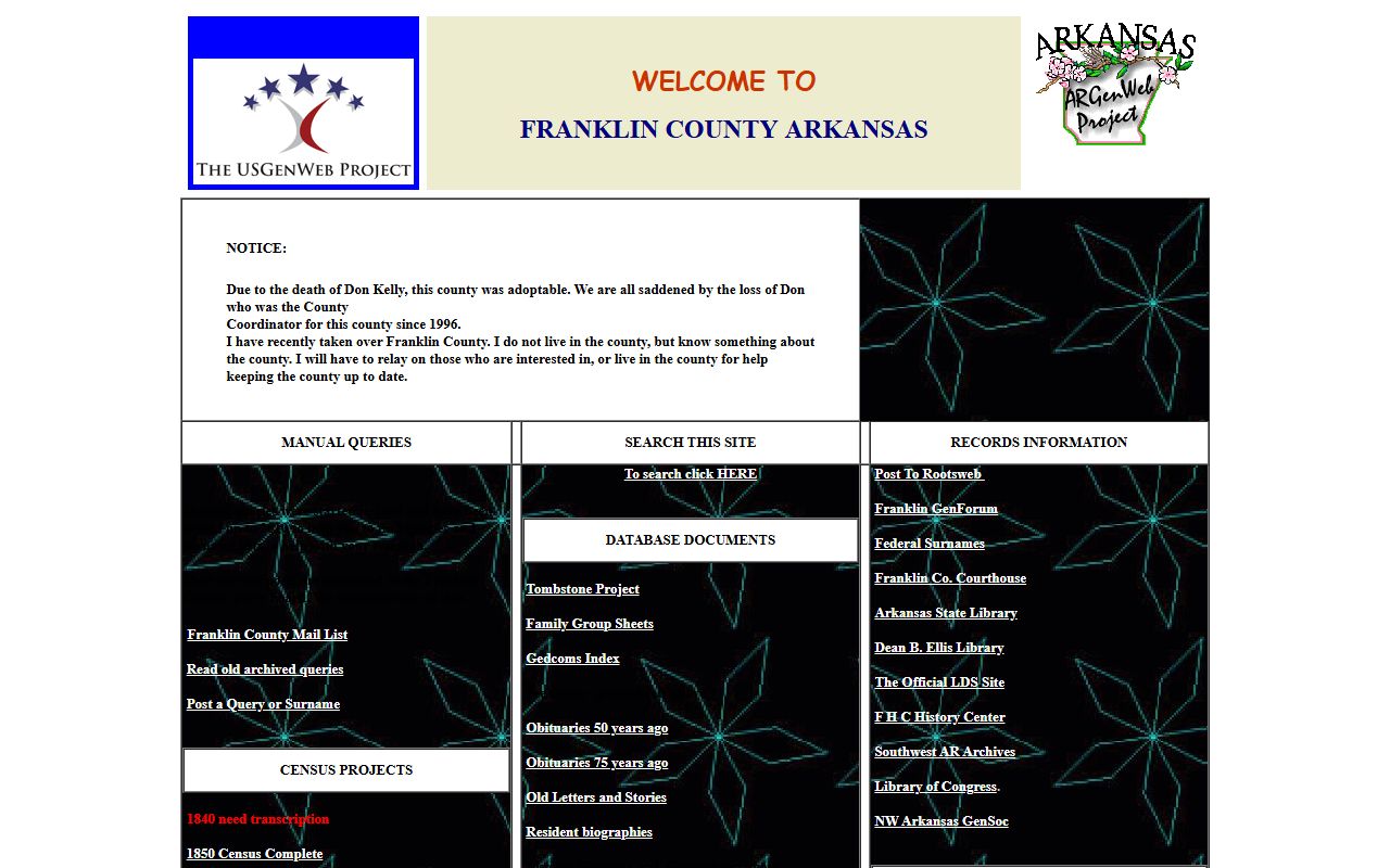 Franklin County Arkansas obituary records ARGenWeb page
