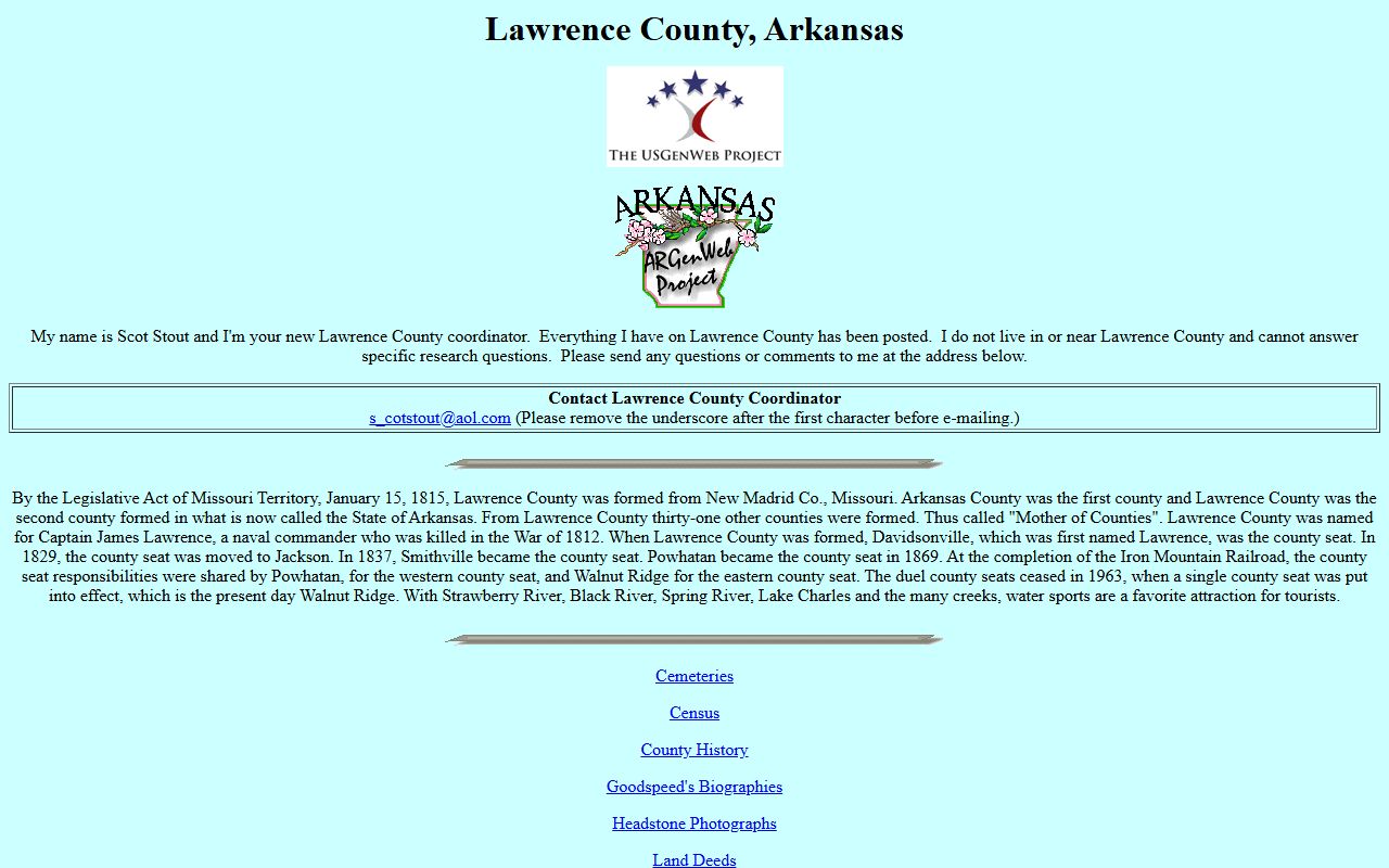 Lawrence County Arkansas obituary records ARGenWeb page